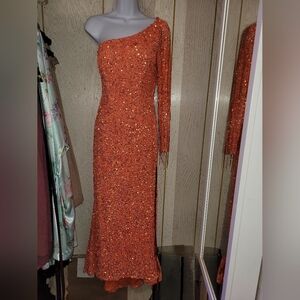 Rachel Allan One-Shoulder Orange Sequin Dress